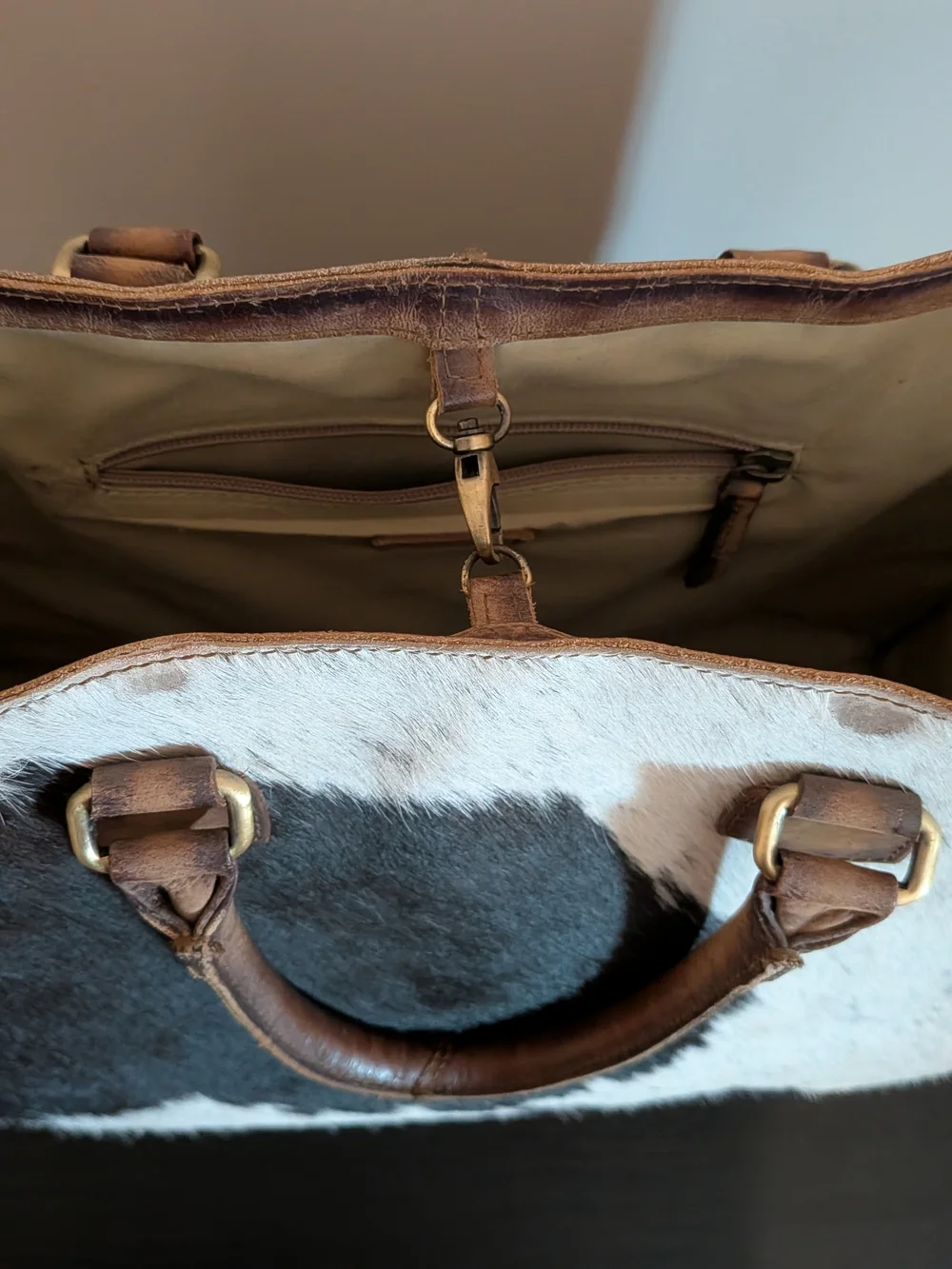 American Darling Cowhide Leather Top-Handle Tote Bag in Brown & White